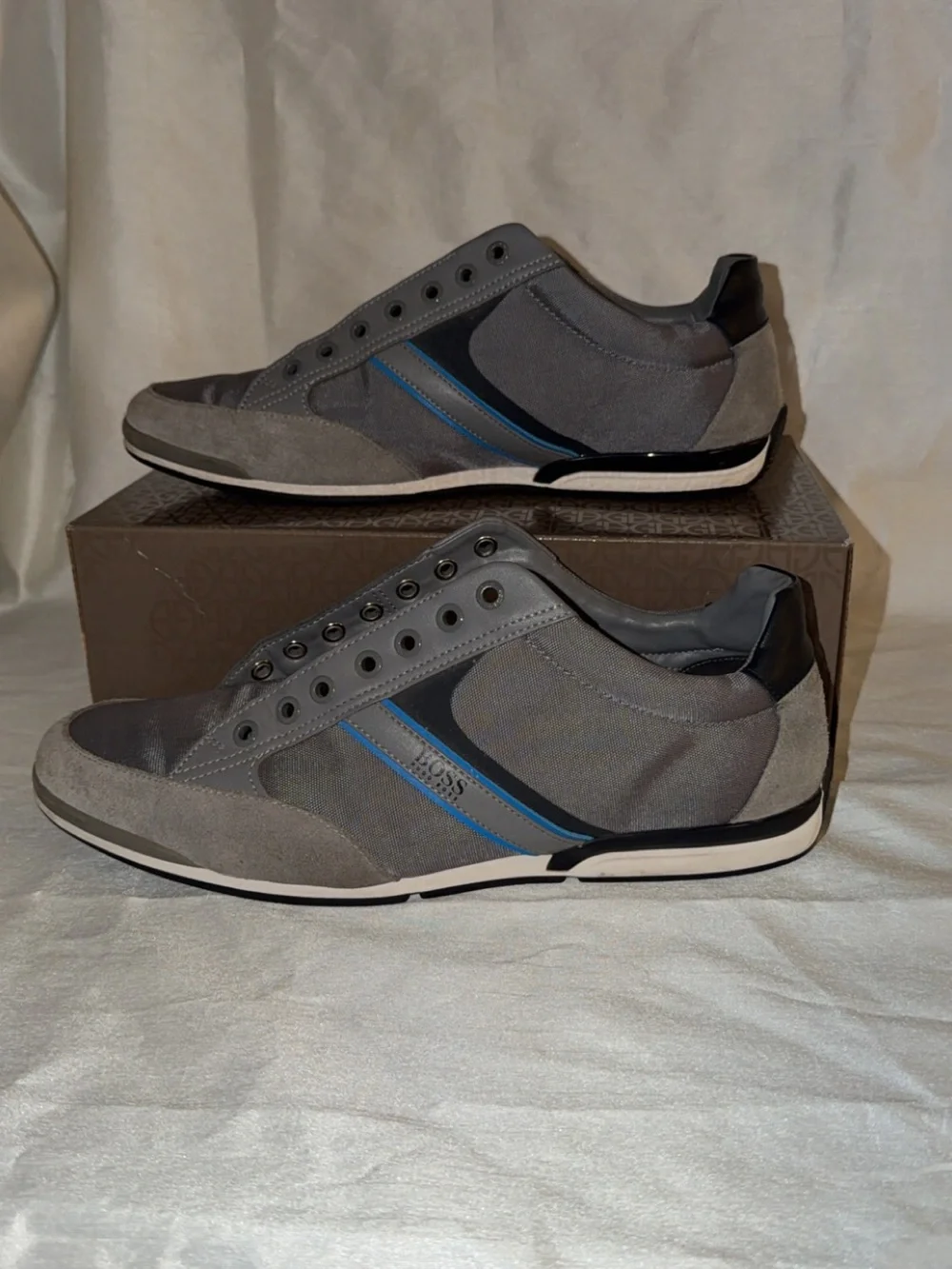 Hugo Boss Men's Gray Suede & Mesh Sneakers Blue Accent Casual Shoes